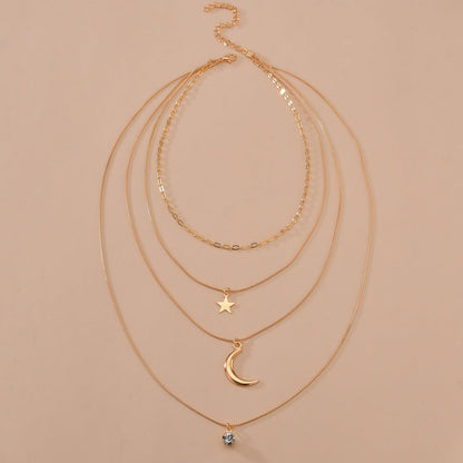 Custom Multi Layer Star Moon Pendant Gold Chain Necklace