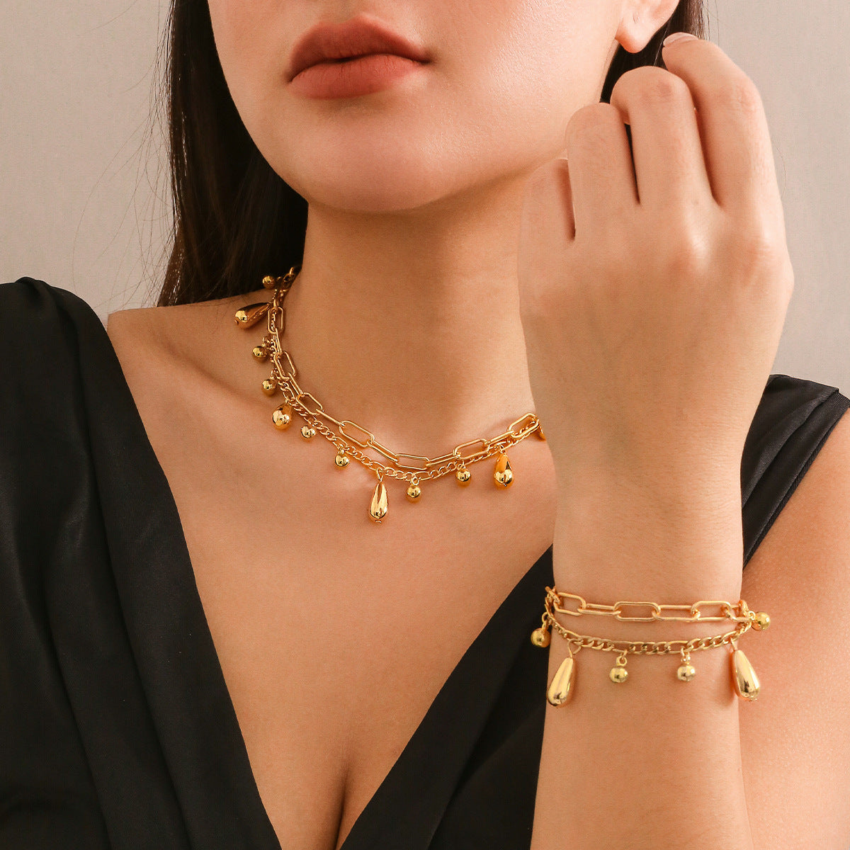 Hip Hop Droplet Comma Pendant Necklace Bracelet Set