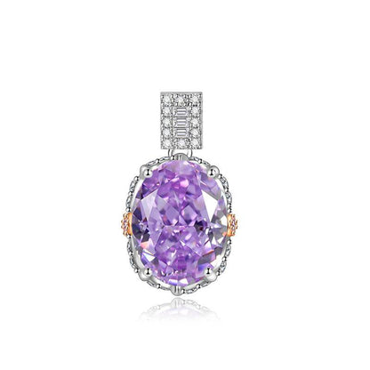 Multicolor Ice Flower Cut Oval CZ Pendant Necklace, 10*14mm 8A Cubic Zirconia, Two-Tone Pave CZ Halo with Pavé Top Frame, Adjustable Chain