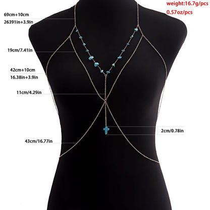 Sexy Cross Stone Beads Body Chains Bikini Belly Bra for Women