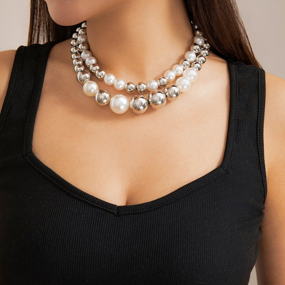 Exaggerated Big Pearl Chunky Heart CCB Round Ball Bead Chain Punk Choker Necklace