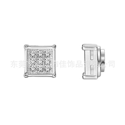 Magnetic Iced Out CZ Square Stud Earrings for Men Women, Non-Piercing Clip On Stainless Steel
