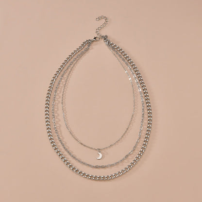 Multi-layered Chain Necklace Crescent Charm