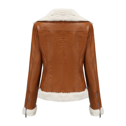 Autumn and winter fleece leather women's warm long-sleeved lapel coat jacket