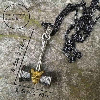 Viking Gold Skull Hammer Charm Punk Necklaces