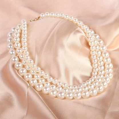 Elegant Synthetic Pearl Triple Multi Layer Choker Necklace