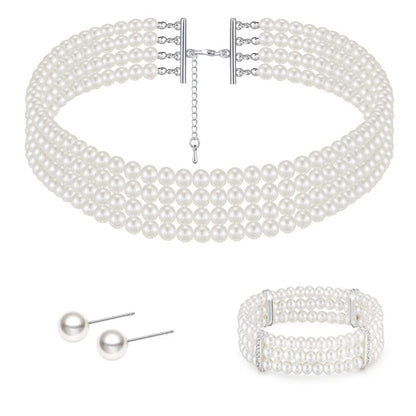 Layered Choker Pearl Necklaces Jewelry Set