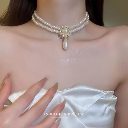 Pearl Double Clavicle Chain Stone Round Pearl Earring Necklace Set