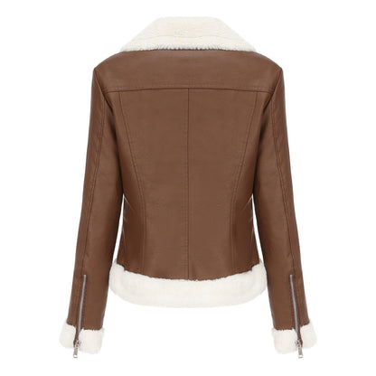 Autumn and winter fleece leather women's warm long-sleeved lapel coat jacket