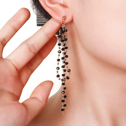 Black Glass Bead Tassel Earrings