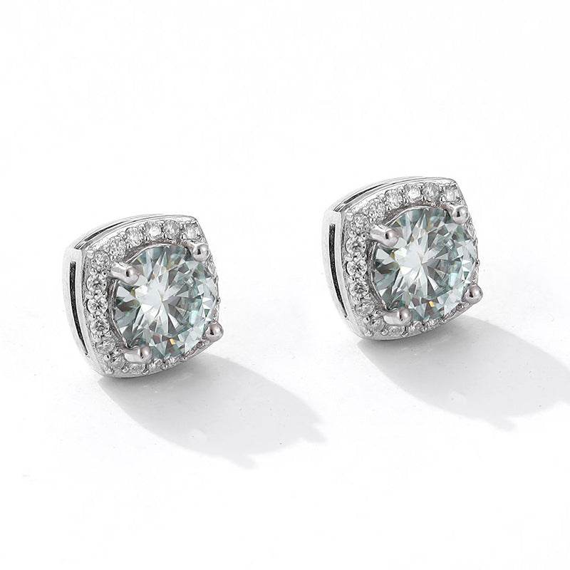 S925 Magnetic Multicolor Moissanite Square Halo Stud Earrings for Men Women, 0.5/1ct Round Cut