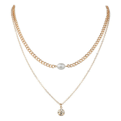 Rhinestone Pearl Round Double Layer Necklace