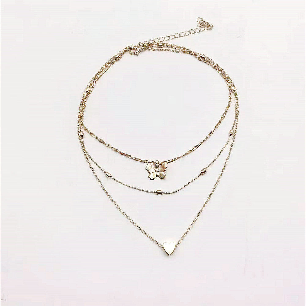 Multi Layers Metallic Chain Butterfly Charm Necklace