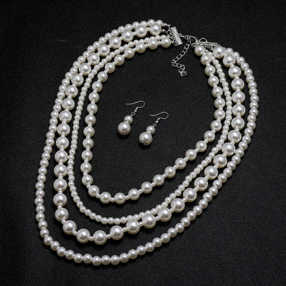 Fashion Multi Layers Long Pearl Necklace Earrings Set for Women