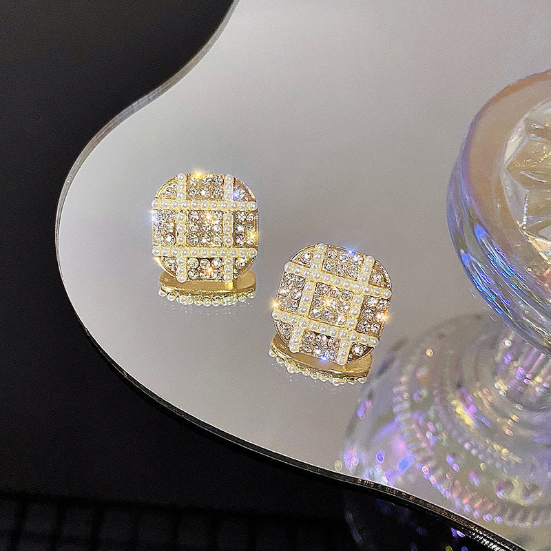 Geometric Rhinestone Small Pearl Square Earrings