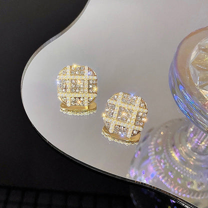 Geometric Rhinestone Small Pearl Square Earrings