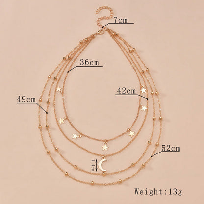 Fashion Star and Moon Three Layer Plated Gold Necklace
