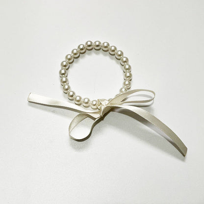 White Imitation Pearl Choker Necklace Women Long Black Ribbon