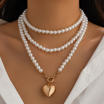 Imitation Pearl Multilayer Choker Necklace for Women Elegant Heart Pendant Necklace