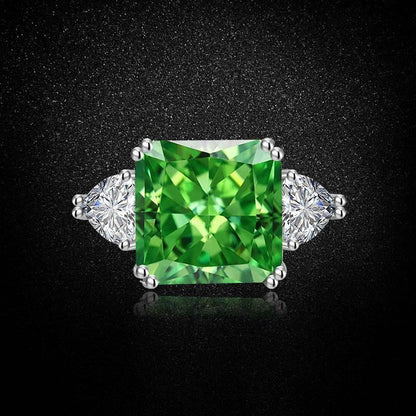 Multicolor Ice Flower Cut Square CZ Adjustable Ring, Blue & Green 12*12mm 8A Main Cubic Zirconia, Two Heart Side CZ, Dainty Luxe
