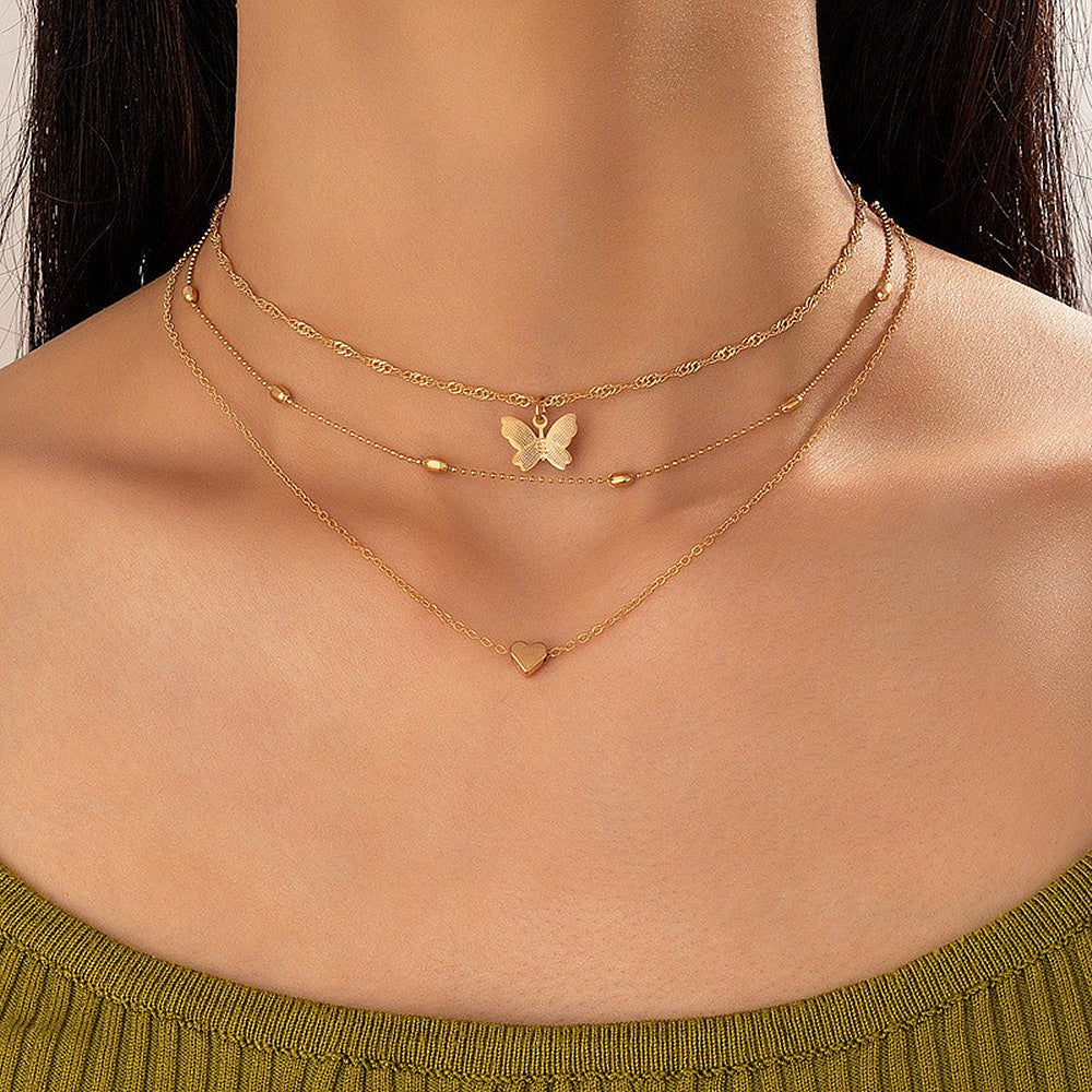 Multi Layers Metallic Chain Butterfly Charm Necklace