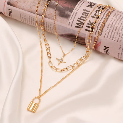 Heart Star Charm Paperclip Chain Choker Necklace Layered Lock Pendant