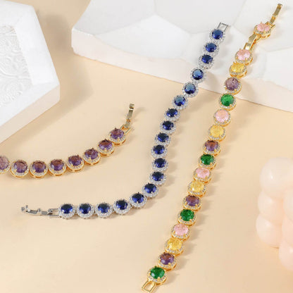 Dazzling Multicolor Cubic Zirconia Round Halo Chain Bracelet, Colored Gem Stones, Adjustable Design, and Unique Patterns