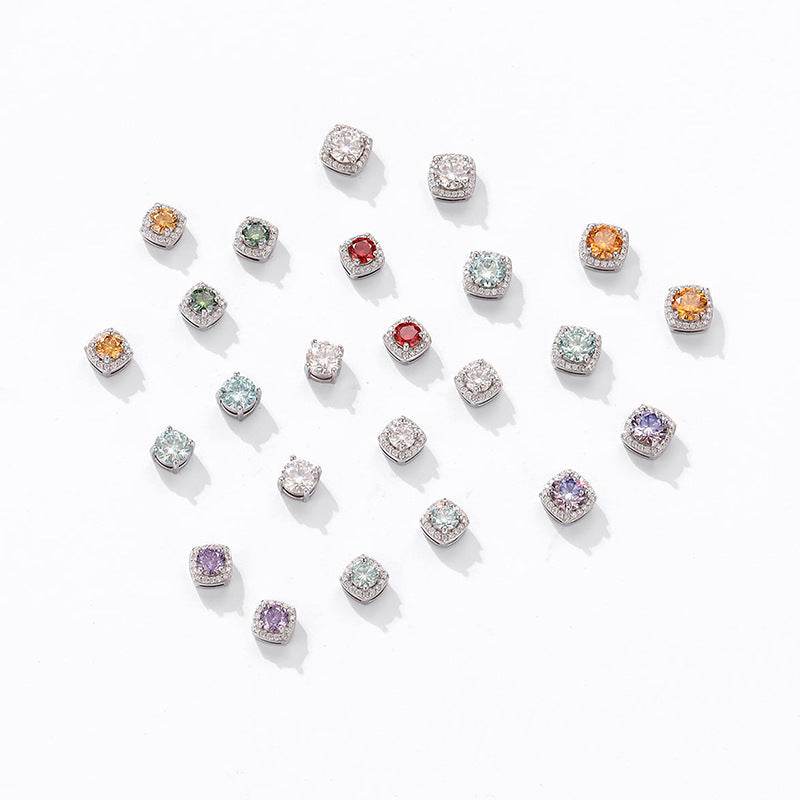 S925 Magnetic Multicolor Moissanite Square Halo Stud Earrings for Men Women, 0.5/1ct Round Cut