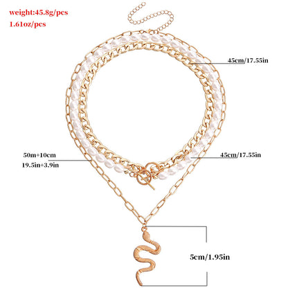 Cuban Chain Multi Layered Gold Snake Pendant Necklace