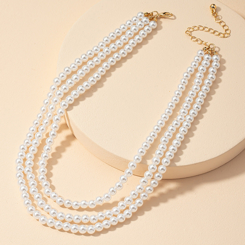 Faux Pearl Layered Three Strand Necklace Vintage