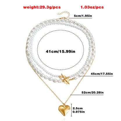 Multi-layer Pearl Necklace Exaggerated Double Layer Gold Heart Pendant Necklace