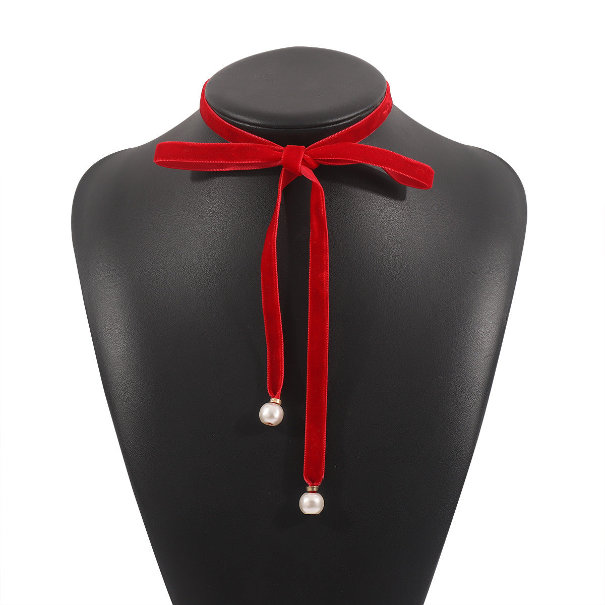 Women Velvet Pearl Bow Choker Simple Long Lace up Necklace