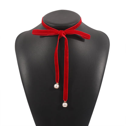 Women Velvet Pearl Bow Choker Simple Long Lace up Necklace