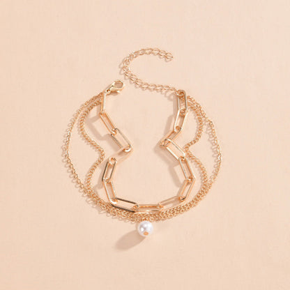Paper Clip Anklet Chain Imitation Pearl Pendant Anklet Jewelry
