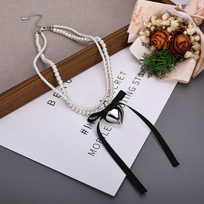 Vintage Love Charm Double Layer Pearl Choker Necklace Ribbon Bow