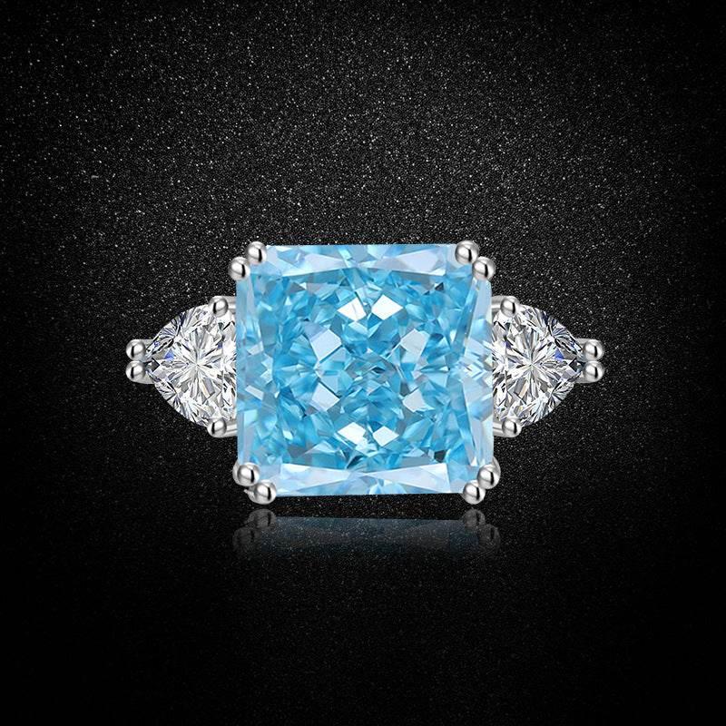 Multicolor Ice Flower Cut Square CZ Adjustable Ring, Blue & Green 12*12mm 8A Main Cubic Zirconia, Two Heart Side CZ, Dainty Luxe