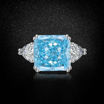 Multicolor Ice Flower Cut Square CZ Adjustable Ring, Blue & Green 12*12mm 8A Main Cubic Zirconia, Two Heart Side CZ, Dainty Luxe