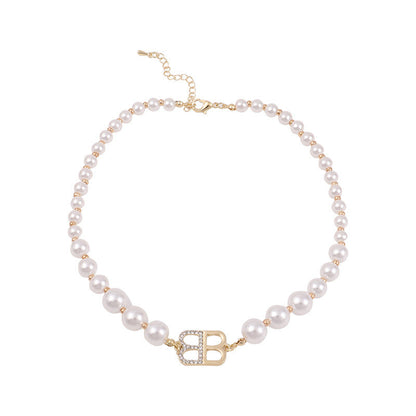 Fashion Imitation Pearl Beads Chain Letter B Pendant Necklace