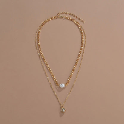 Rhinestone Pearl Round Double Layer Necklace