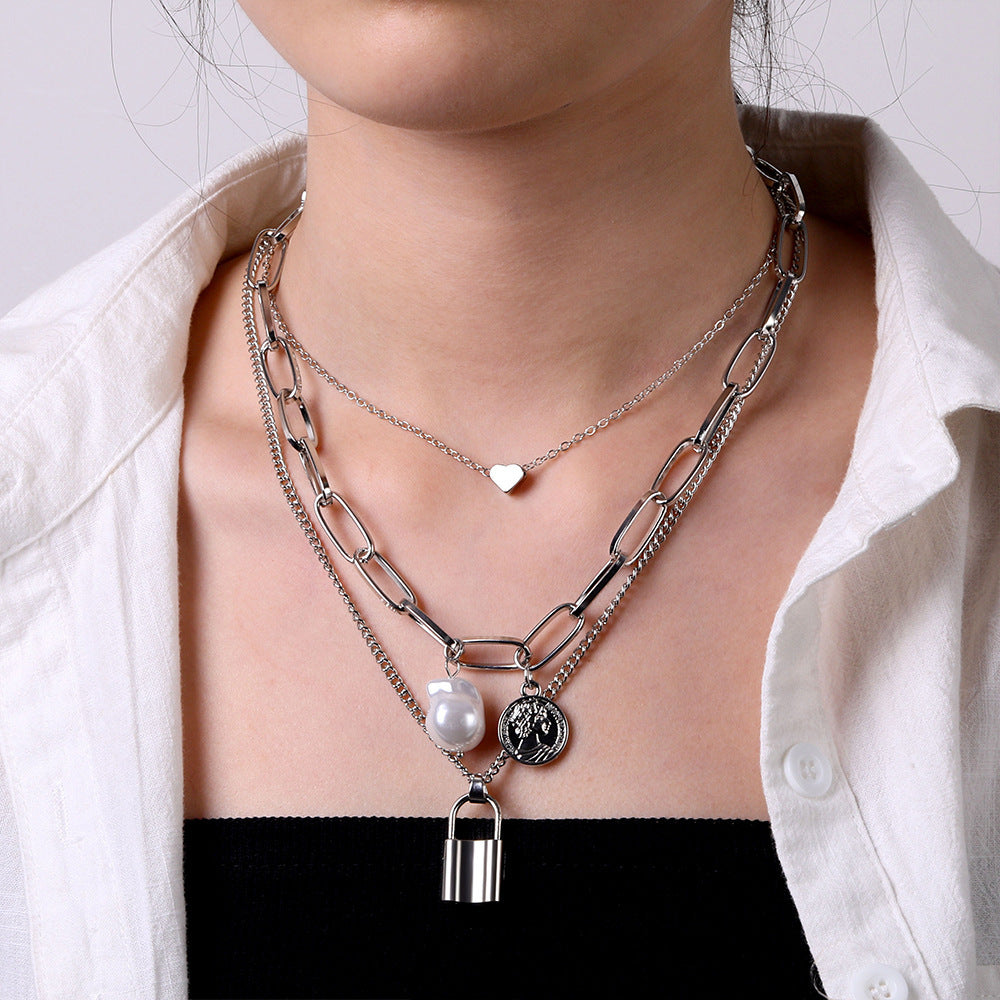 Heart Star Charm Paperclip Chain Choker Necklace Layered Lock Pendant