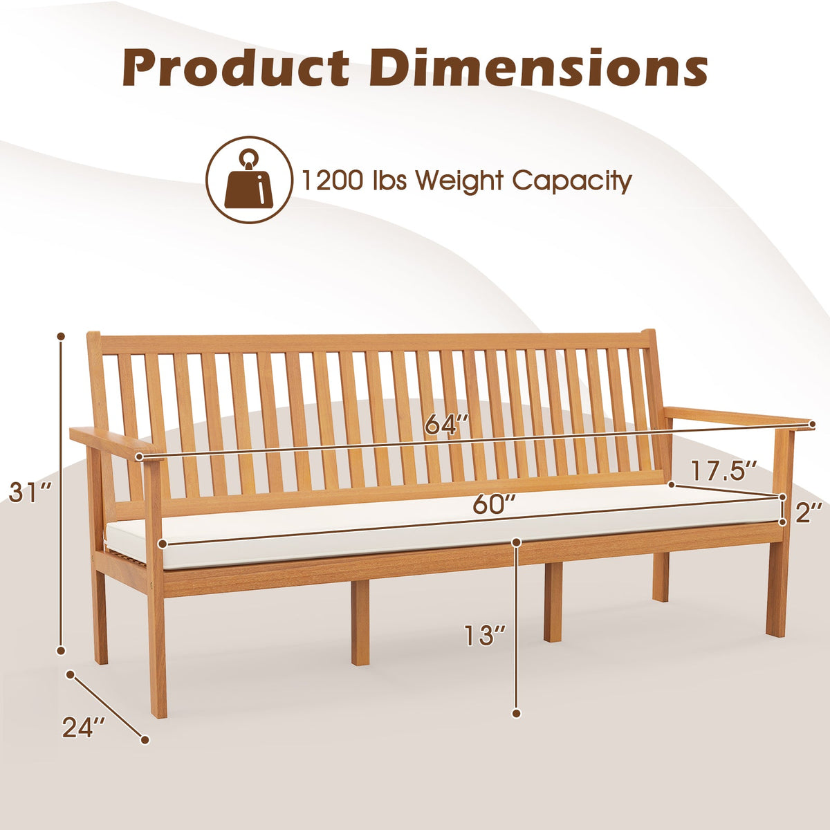 Outdoor 3-Seat Wood Bench with Seat Cushion and Slatted Seat-White
