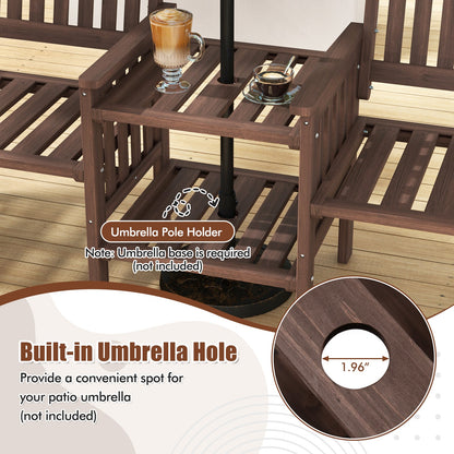 Outdoor Fir Wood Loveseat with 2-Tier Side Table and 1.96" Umbrella Hole