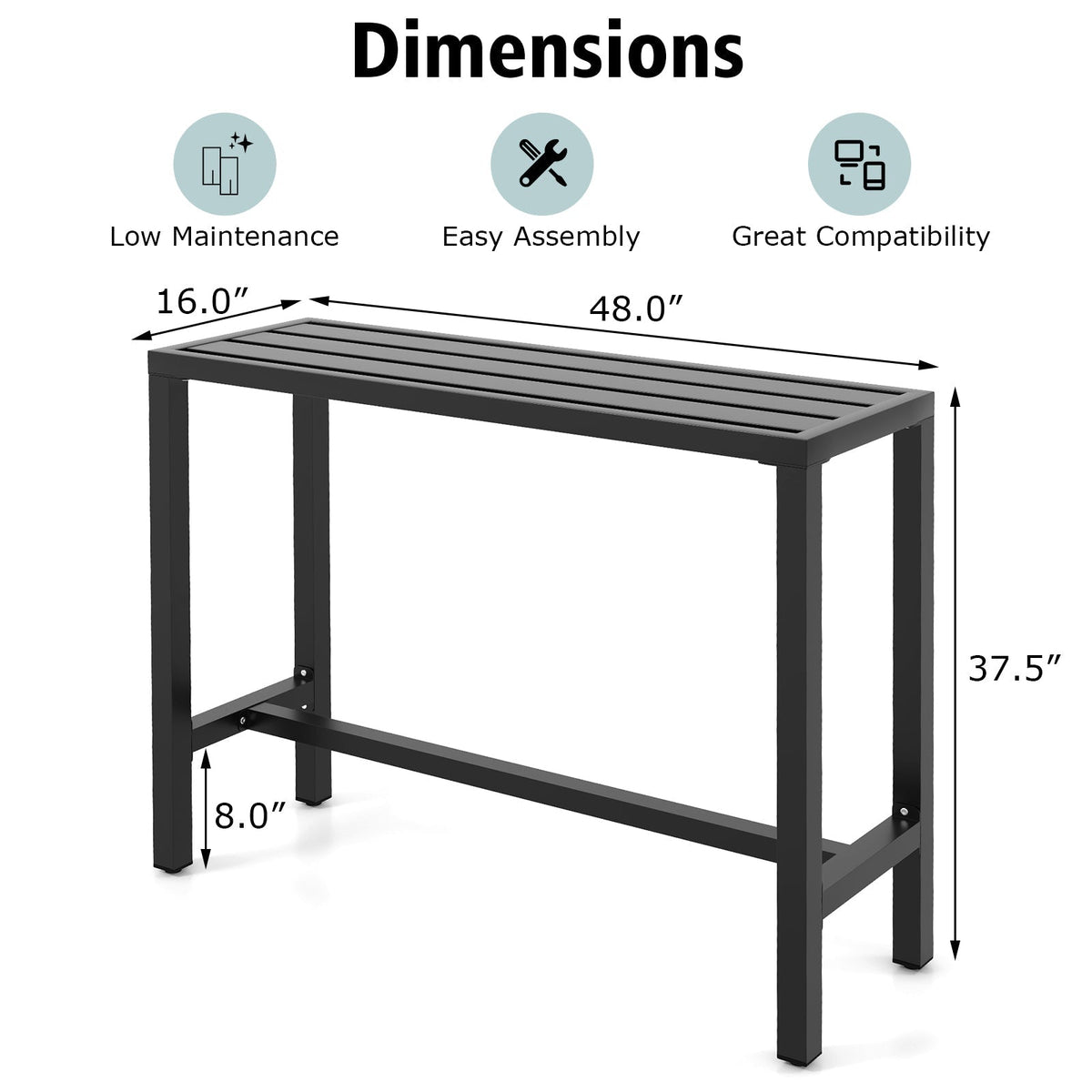 48/55 Inch Outdoor Bar Table with Waterproof Top and Heavy-duty Metal Frame