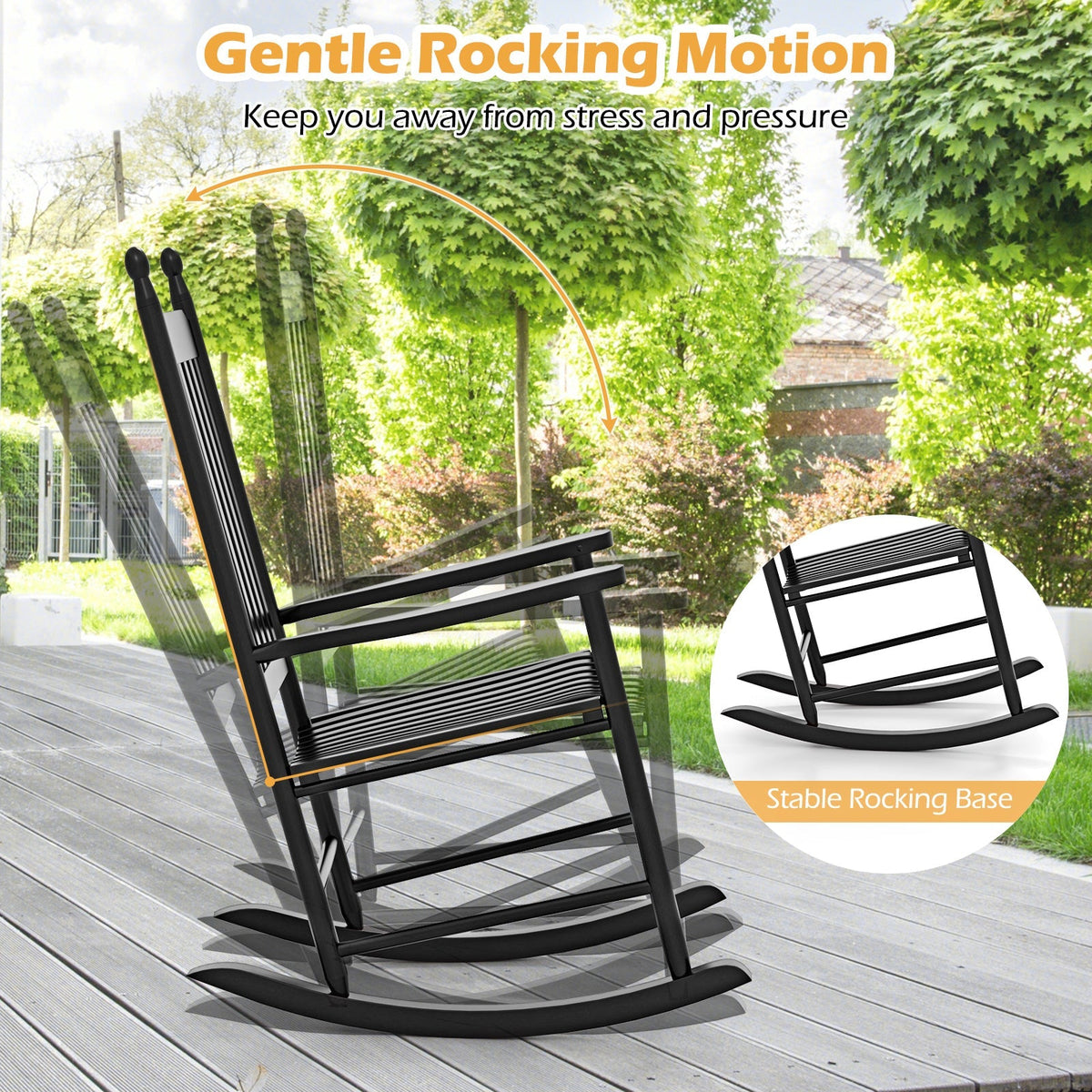 High-Back Acacia Wood Outdoor Rocking Chair with Solid Rocking Base