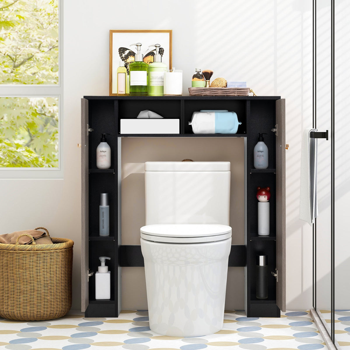 Over The Toilet Storage Cabinet with 2 Open Compartments and 4 Adjustable Shelves
