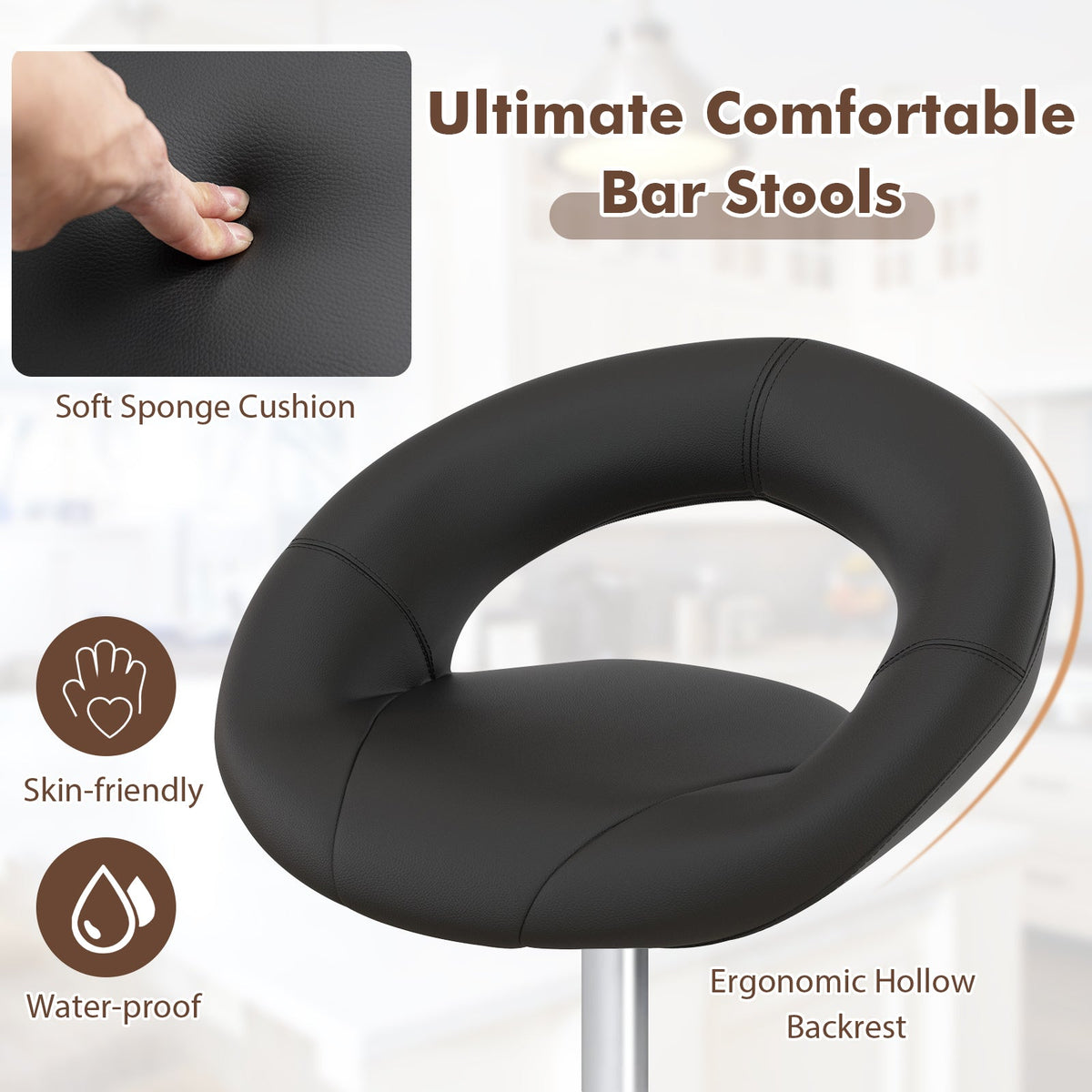 Height Adjustable Bar Stools Set of 2 with Hollow Back and Footrest