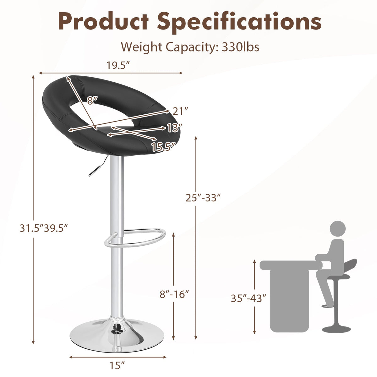 Height Adjustable Bar Stools Set of 2 with Hollow Back and Footrest