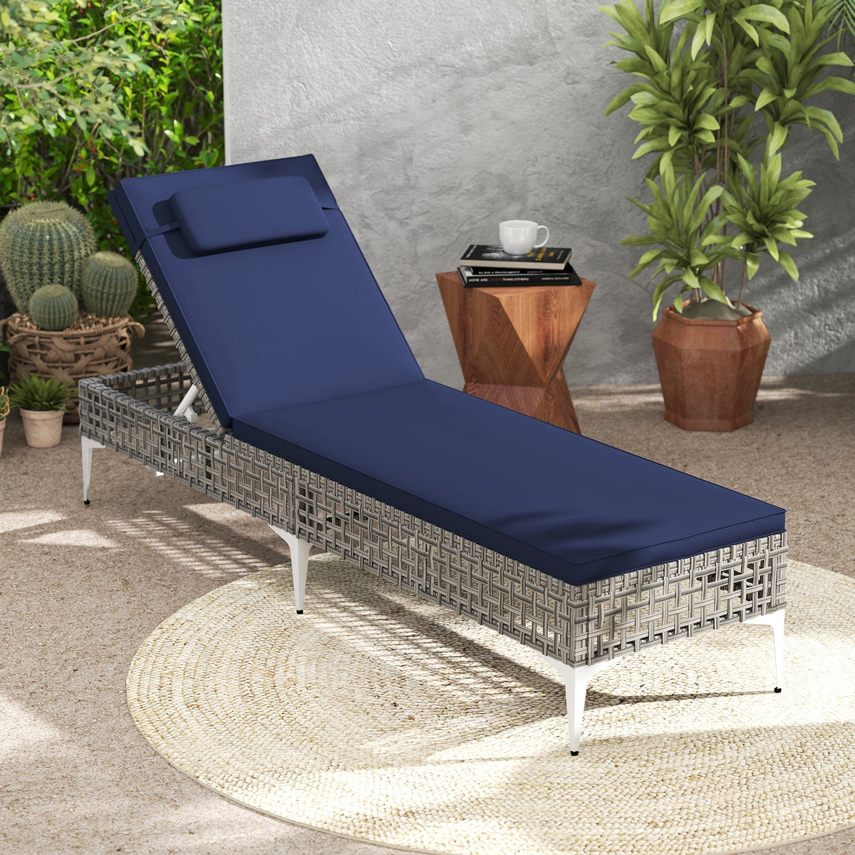 Patio Chaise Lounge Chair with 6-Level Adjustable Backrest and Headrest for Poolside-Navy