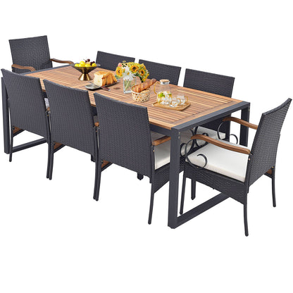 9 Pieces Patio Rattan Dining Set with Acacia Wood Table for Backyard Garden