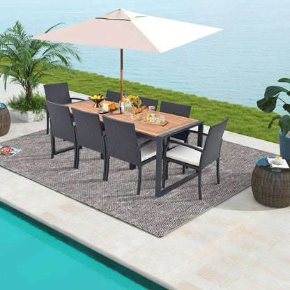 9 Pieces Patio Rattan Dining Set with Acacia Wood Table for Backyard Garden